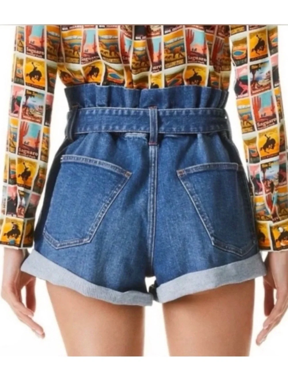 Alice + Olivia Jeans Blue Paperbag Belted Denim Shorts Rosemary Size 25